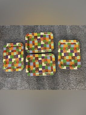 Vintage Metal MCM Multicolor Patchwork Pattern Serving Lap Trays - Set of 4